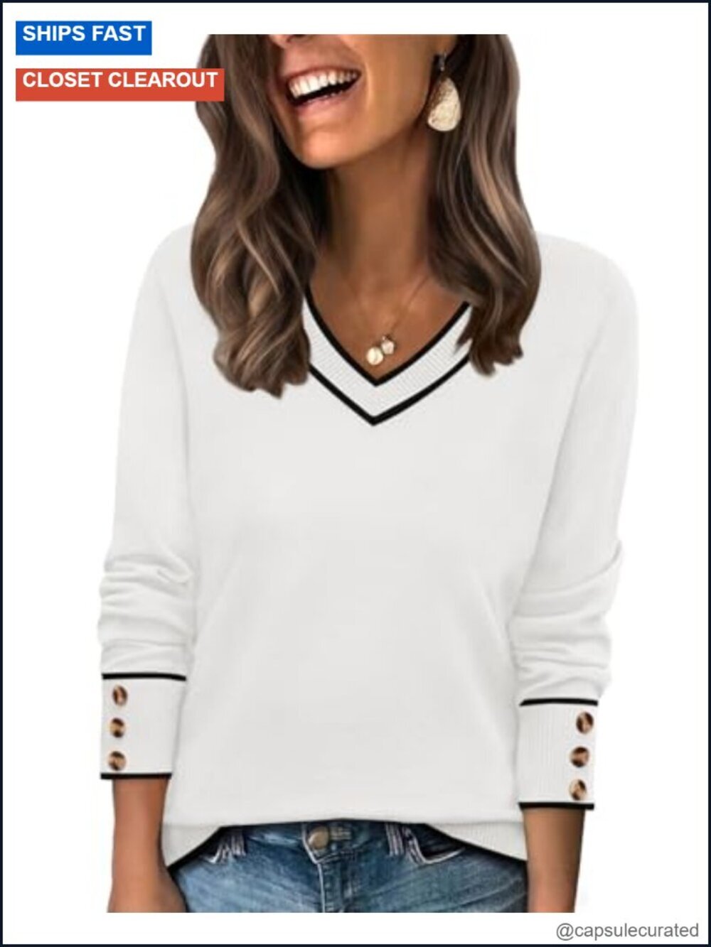 V-Neck Knit Sweater with Decorative Button Cuffs Long Sleeve